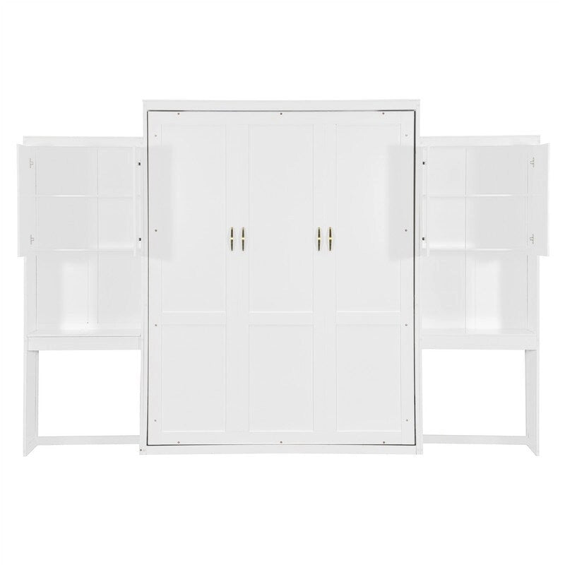 Queen Size Murphy Bed Wall Bed with Desk, Mirror and Vanity, Wooden Foldable Murphy Cabinet Bed with Storage Cabinets