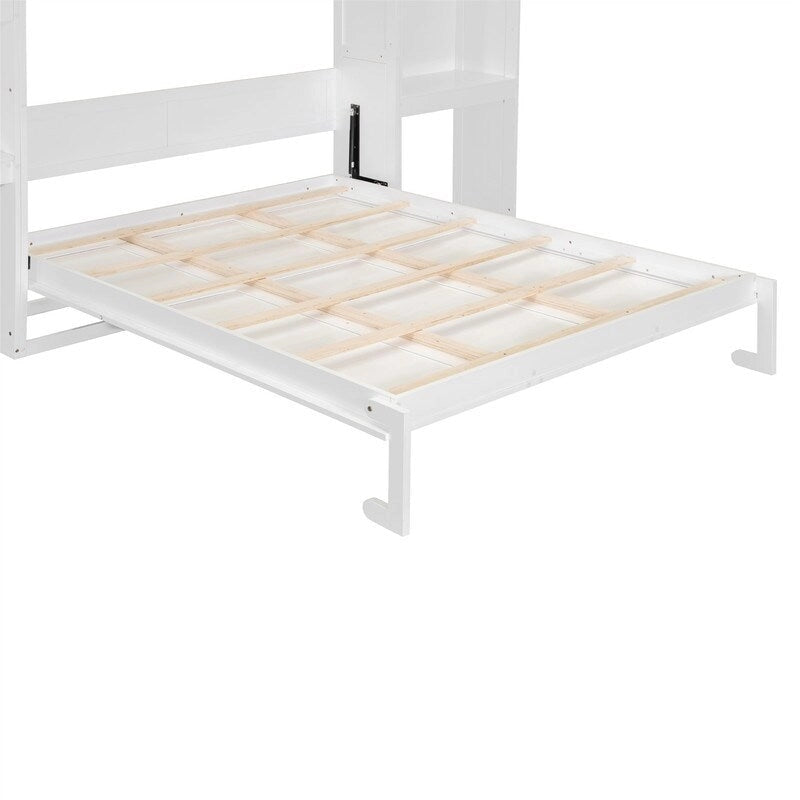 Queen Size Murphy Bed Wall Bed with Desk, Mirror and Vanity, Wooden Foldable Murphy Cabinet Bed with Storage Cabinets