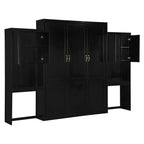 Queen Size Murphy Bed Wall Bed with Desk, Mirror and Vanity, Wooden Foldable Murphy Cabinet Bed with Storage Cabinets