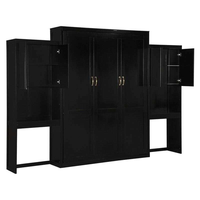 Queen Size Murphy Bed Wall Bed with Desk, Mirror and Vanity, Wooden Foldable Murphy Cabinet Bed with Storage Cabinets
