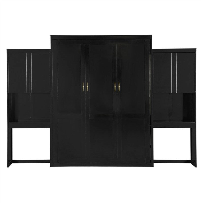 Queen Size Murphy Bed Wall Bed with Desk, Mirror and Vanity, Wooden Foldable Murphy Cabinet Bed with Storage Cabinets