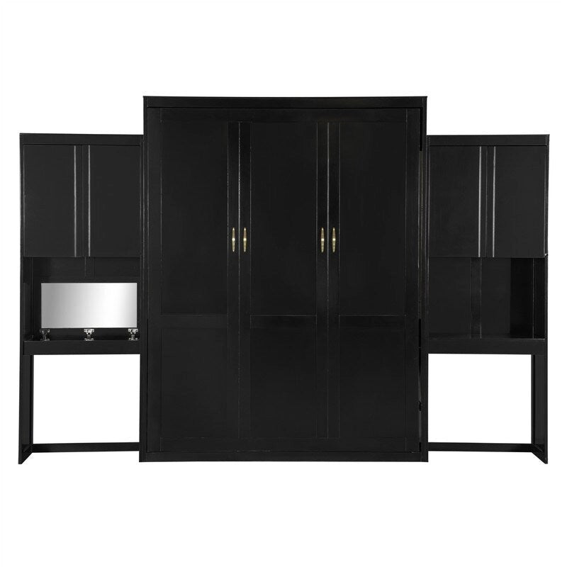 Queen Size Murphy Bed Wall Bed with Desk, Mirror and Vanity, Wooden Foldable Murphy Cabinet Bed with Storage Cabinets