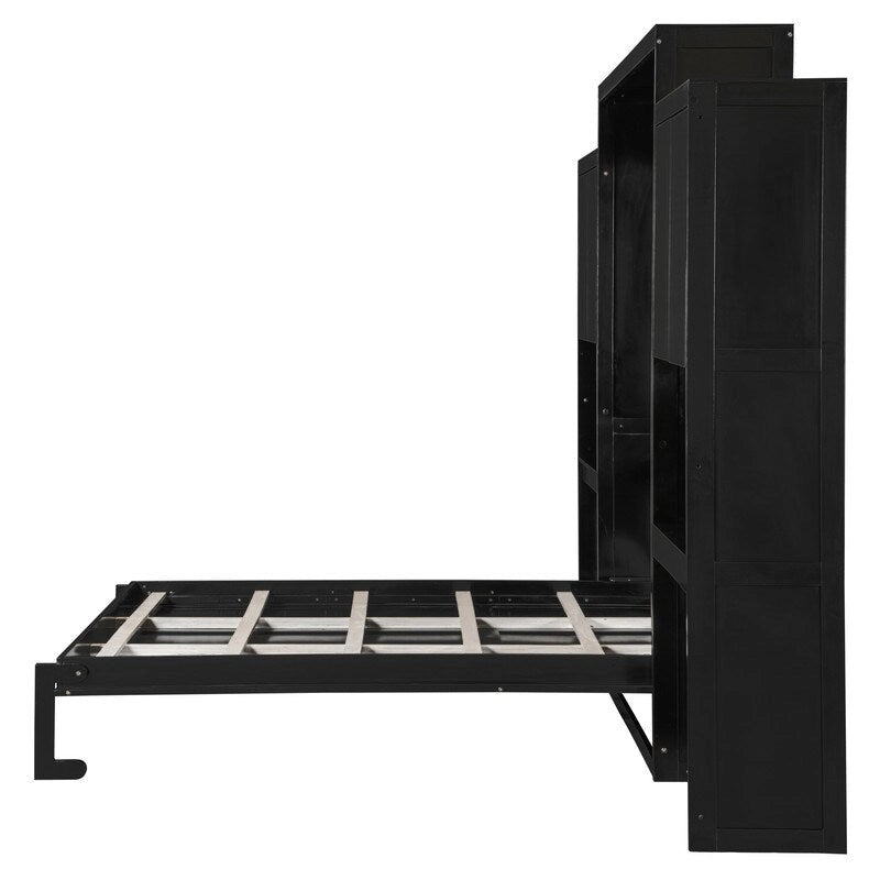 Queen Size Murphy Bed Wall Bed with Desk, Mirror and Vanity, Wooden Foldable Murphy Cabinet Bed with Storage Cabinets