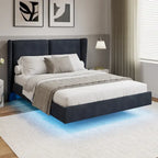 Queen Velvet Floating Platform Bed with LED Lights & 6  Storage