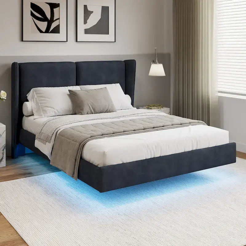 Queen Velvet Floating Platform Bed with LED Lights & 6  Storage