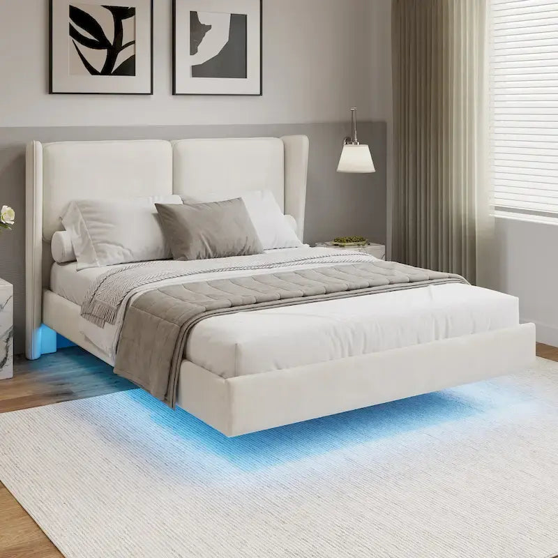 Queen Velvet Floating Platform Bed with LED Lights & 6  Storage