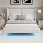 Queen Velvet Floating Platform Bed with LED Lights & 6  Storage