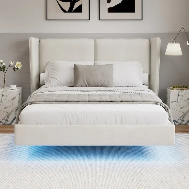 Queen Velvet Floating Platform Bed with LED Lights & 6  Storage