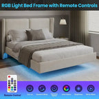 Queen Velvet Floating Platform Bed with LED Lights & 6  Storage