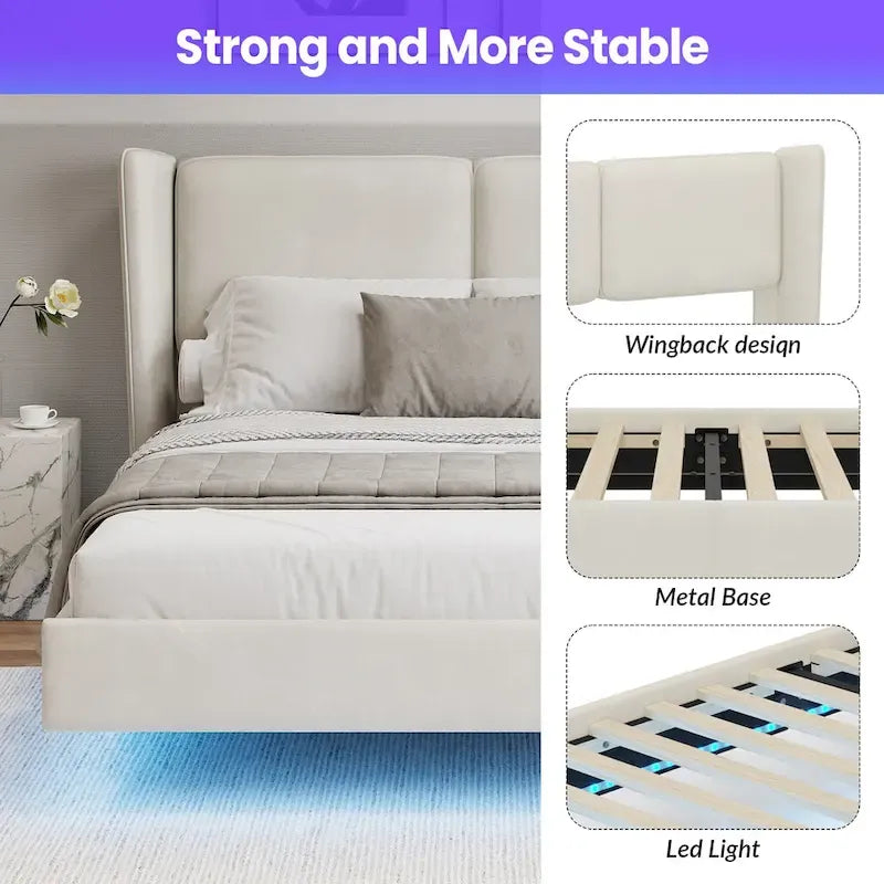 Queen Velvet Floating Platform Bed with LED Lights & 6  Storage