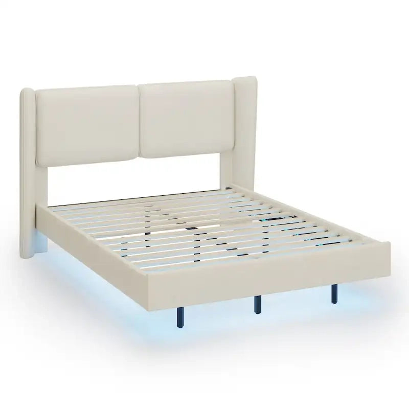 Queen Velvet Floating Platform Bed with LED Lights & 6  Storage