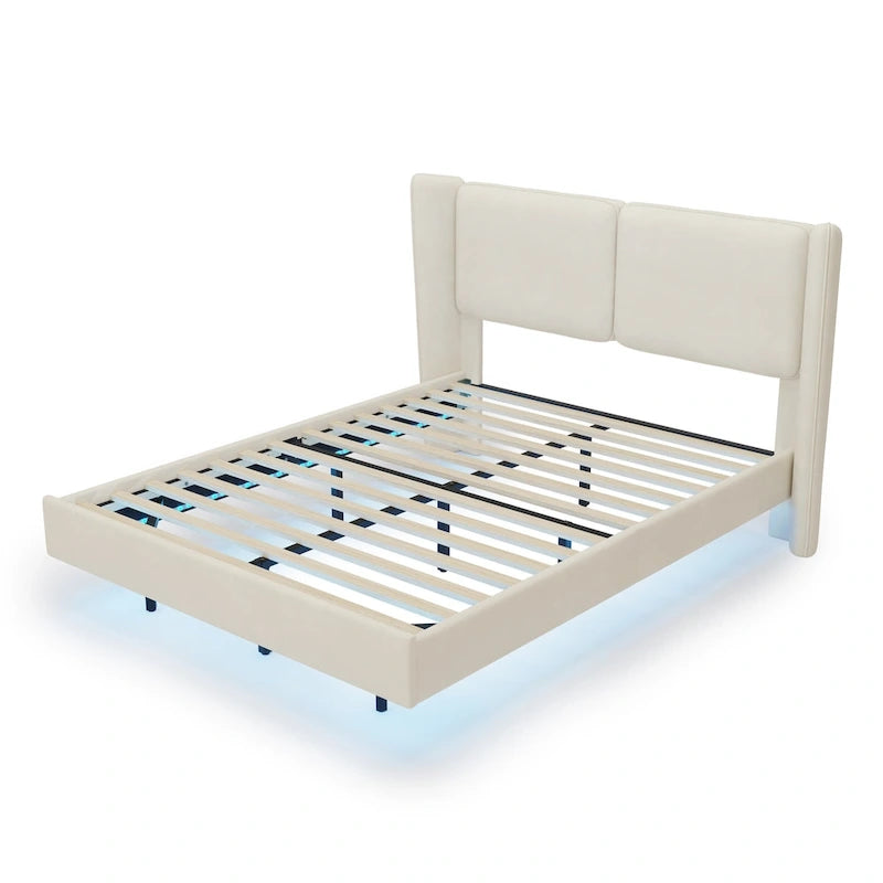 Queen Velvet Floating Platform Bed with LED Lights & 6  Storage