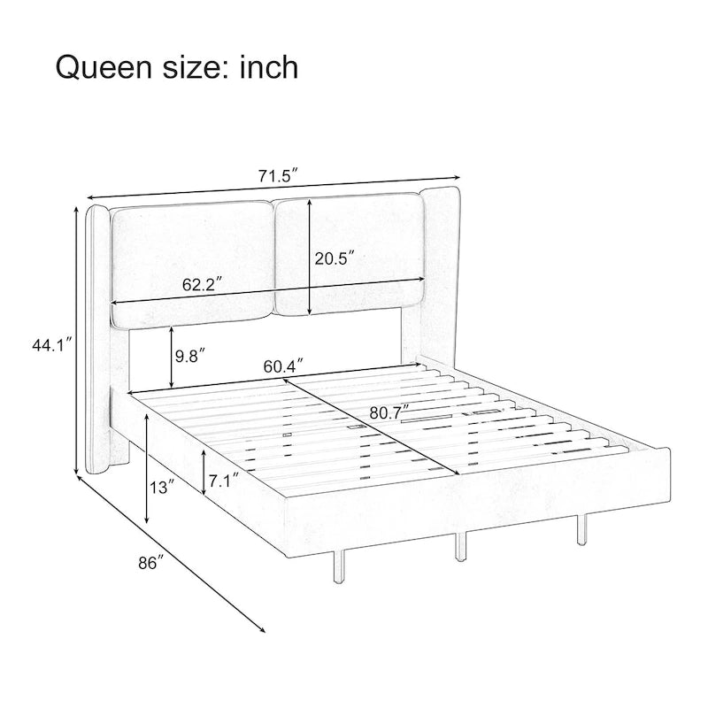 Queen Velvet Floating Platform Bed with LED Lights & 6  Storage