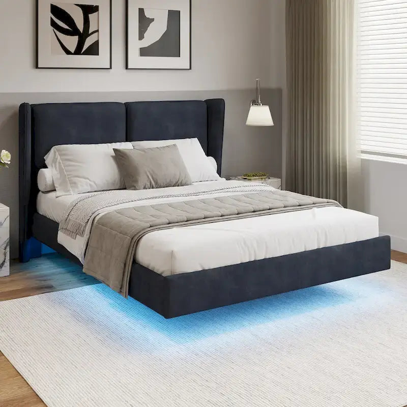 Queen Velvet Floating Platform Bed with LED Lights & 6  Storage