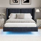 Queen Velvet Floating Platform Bed with LED Lights & 6  Storage