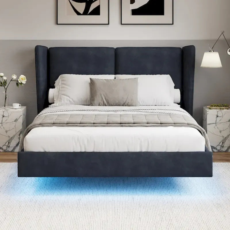Queen Velvet Floating Platform Bed with LED Lights & 6  Storage