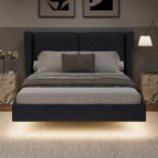 Queen Velvet Floating Platform Bed with LED Lights & 6  Storage