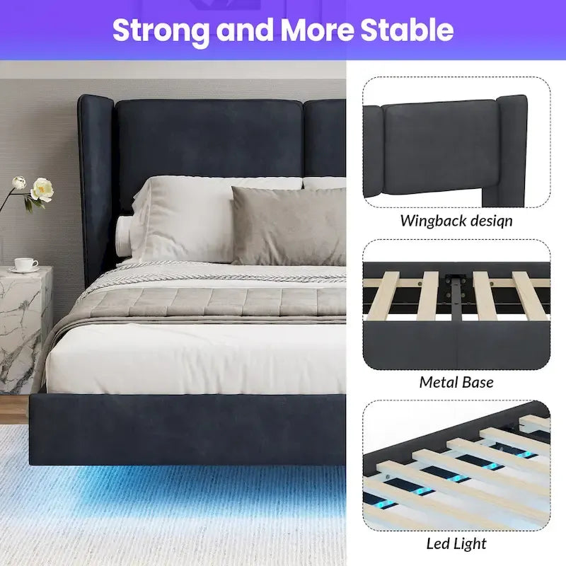 Queen Velvet Floating Platform Bed with LED Lights & 6  Storage