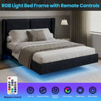Queen Velvet Floating Platform Bed with LED Lights & 6  Storage