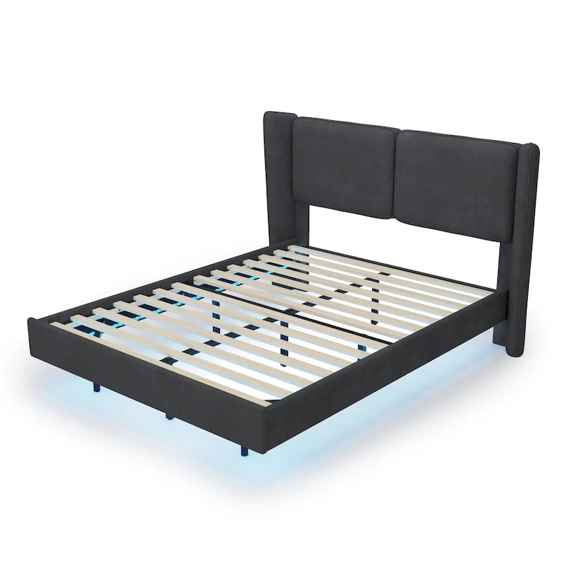 Queen Velvet Floating Platform Bed with LED Lights & 6  Storage