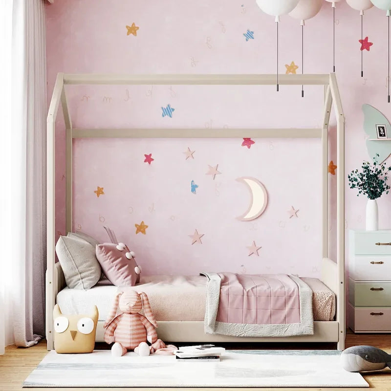 Twin Size Modern Canopy Bed with Striped Headboard & Roof Design