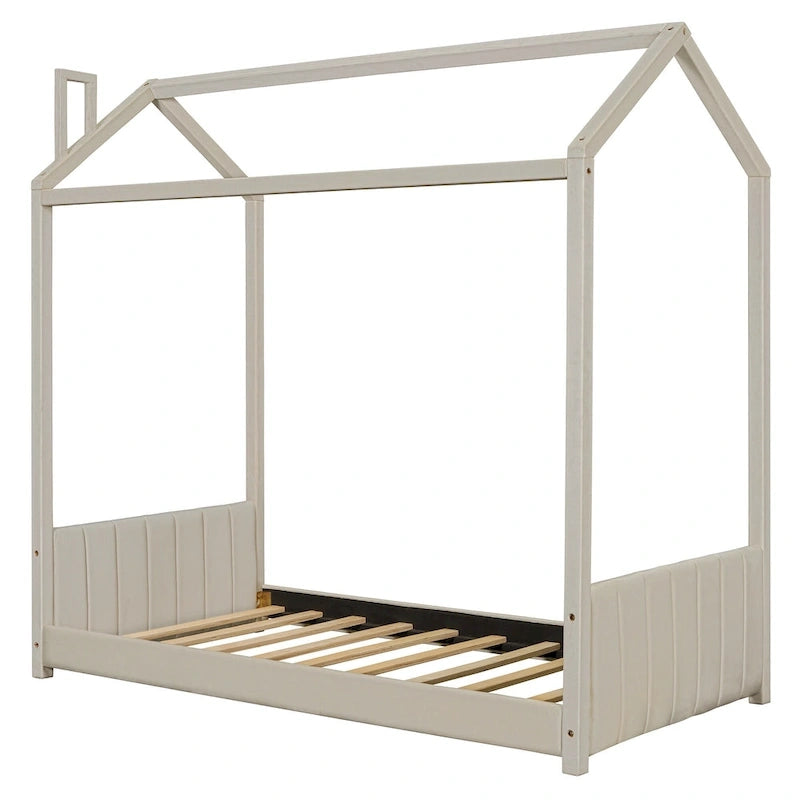 Twin Size Modern Canopy Bed with Striped Headboard & Roof Design