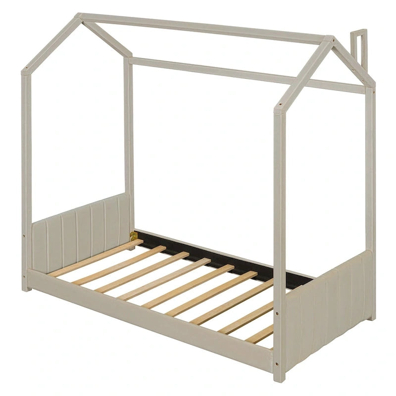 Twin Size Modern Canopy Bed with Striped Headboard & Roof Design