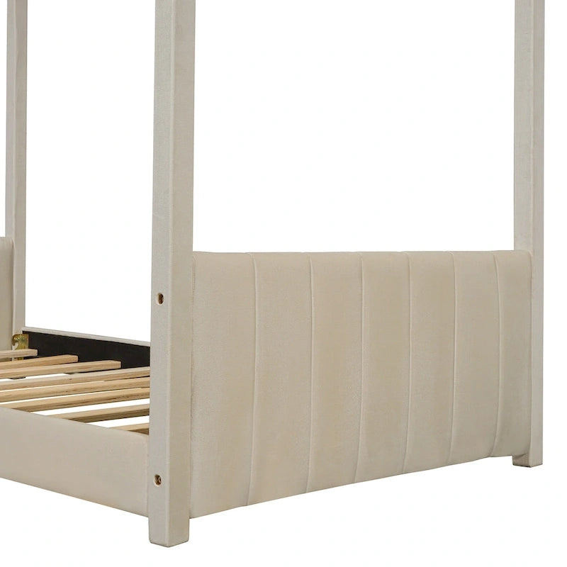 Twin Size Modern Canopy Bed with Striped Headboard & Roof Design