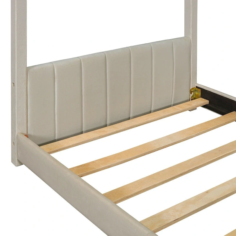 Twin Size Modern Canopy Bed with Striped Headboard & Roof Design