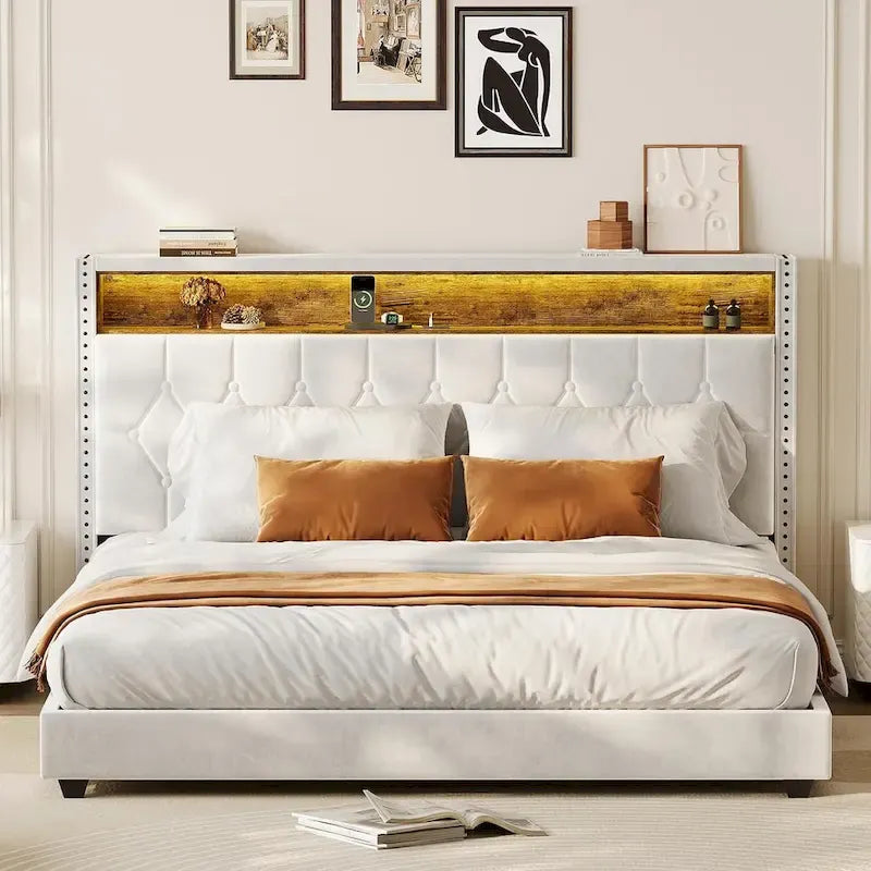 Velvet Upholstered Platform Bed Frame with Storage Headboard and Nailhead Trim Wingback