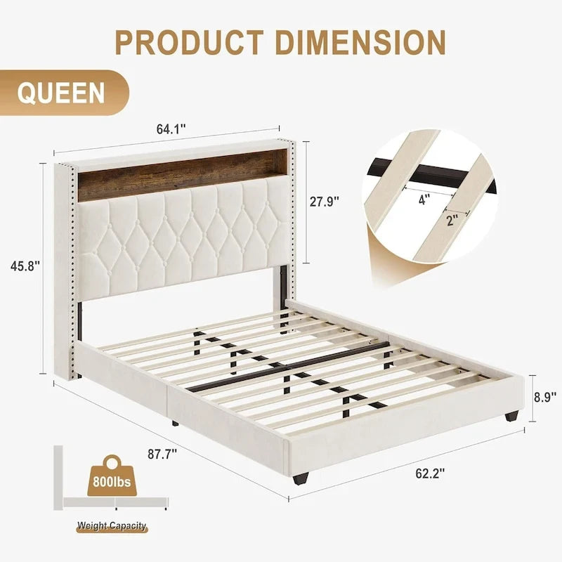 Velvet Upholstered Platform Bed Frame with Storage Headboard and Nailhead Trim Wingback