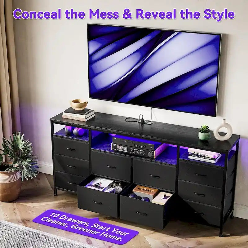 63.3 Inch Black Dresser for Bedroom, 10 Drawer Dresser TV Stand