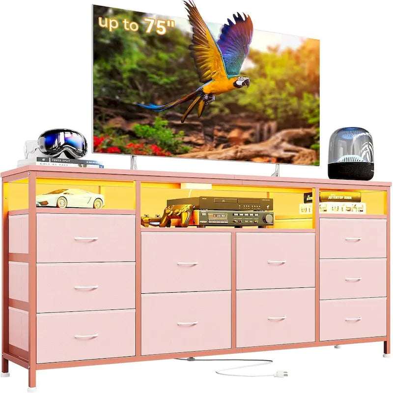63.3 Inch Black Dresser for Bedroom, 10 Drawer Dresser TV Stand