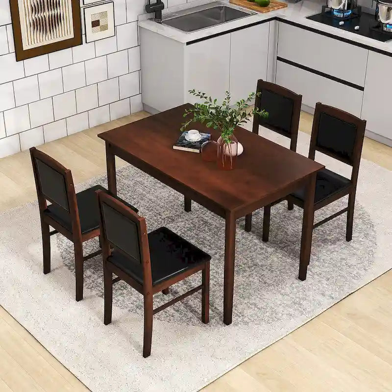 Gymax 5 PCS Dining Table Set for 4 w/Rubber Wood Legs Upholstered Seat