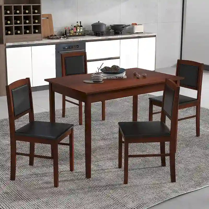 Gymax 5 PCS Dining Table Set for 4 w/Rubber Wood Legs Upholstered Seat