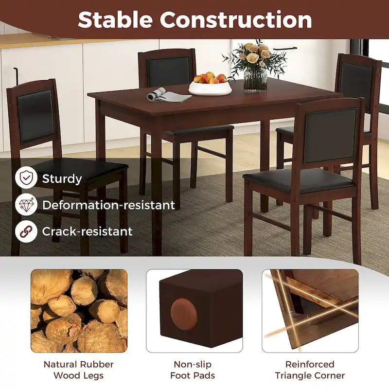 Gymax 5 PCS Dining Table Set for 4 w/Rubber Wood Legs Upholstered Seat
