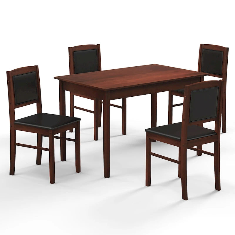 Gymax 5 PCS Dining Table Set for 4 w/Rubber Wood Legs Upholstered Seat