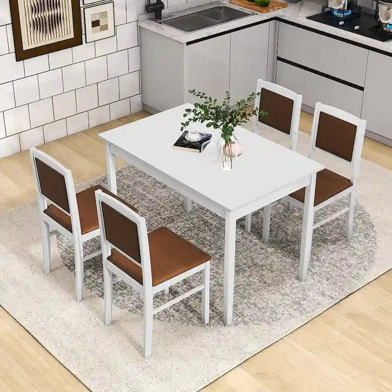 Gymax 5 PCS Dining Table Set for 4 w/Rubber Wood Legs Upholstered Seat