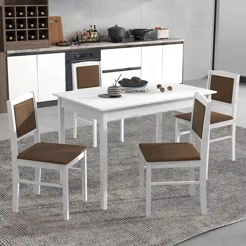 Gymax 5 PCS Dining Table Set for 4 w/Rubber Wood Legs Upholstered Seat