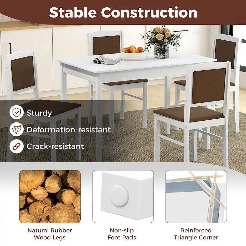 Gymax 5 PCS Dining Table Set for 4 w/Rubber Wood Legs Upholstered Seat