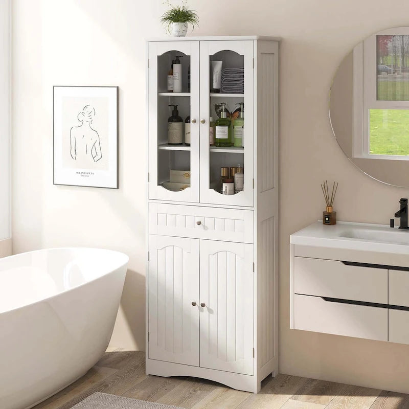 Costway 63  Tall Bathroom Cabinet with Tempered Glass Doors Adjustable - See Details