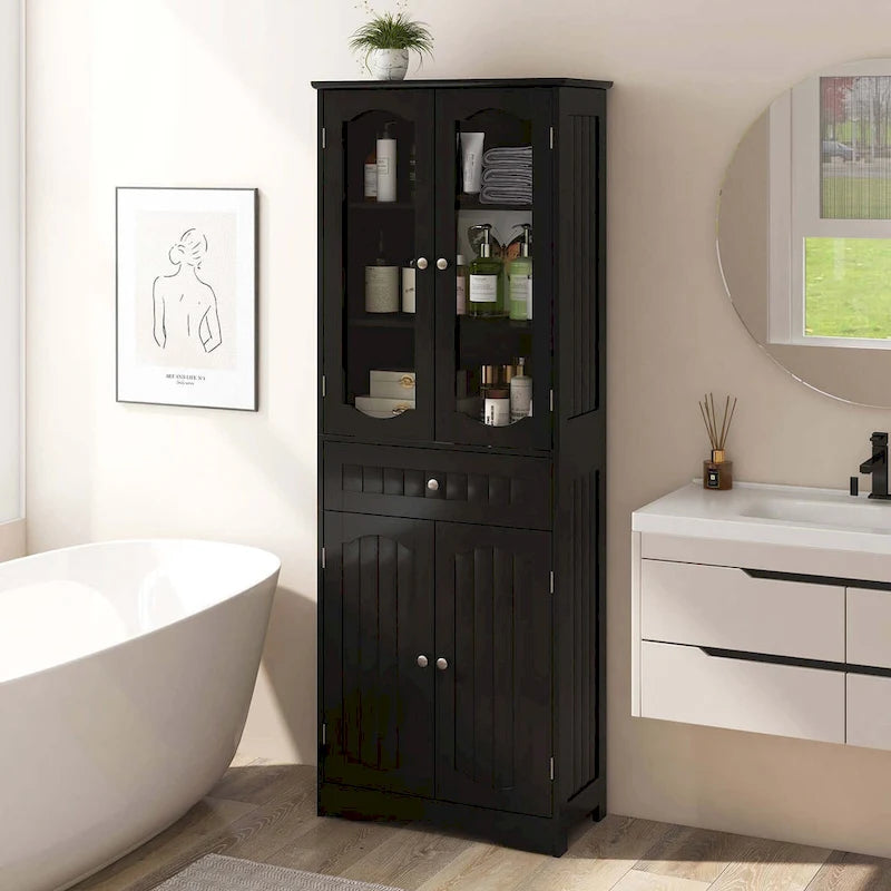 Costway 63  Tall Bathroom Cabinet with Tempered Glass Doors Adjustable - See Details