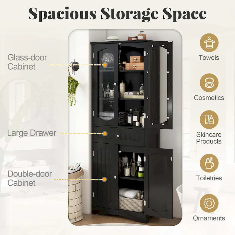 Costway 63  Tall Bathroom Cabinet with Tempered Glass Doors Adjustable - See Details