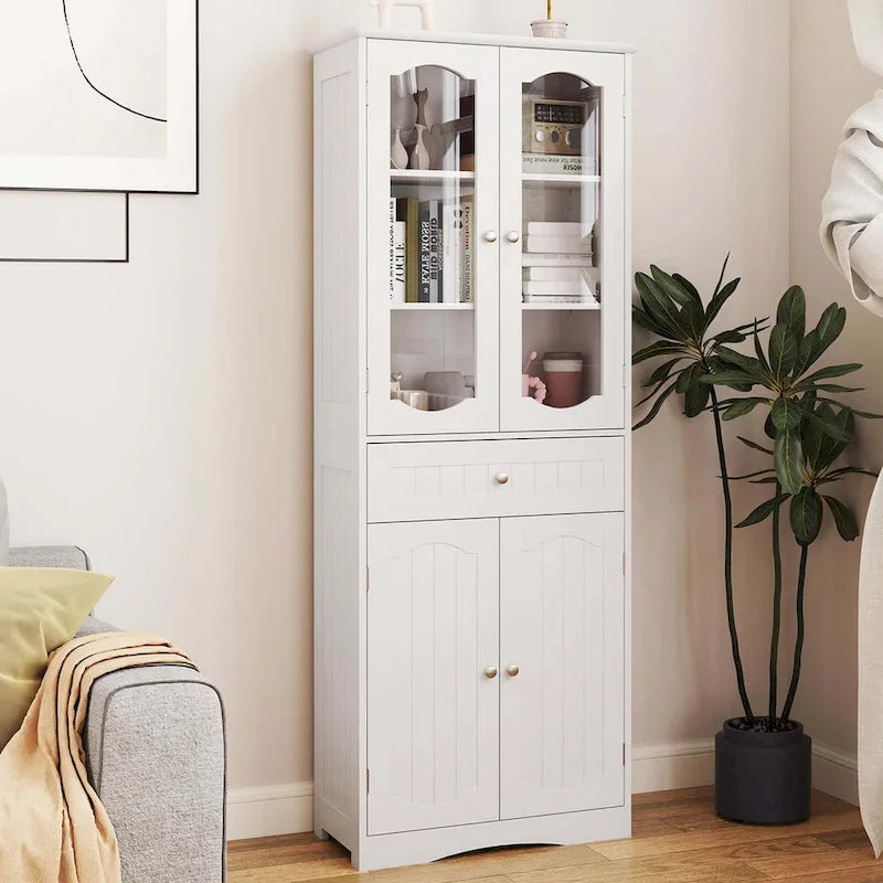 Costway 63  Tall Bathroom Cabinet with Tempered Glass Doors Adjustable - See Details