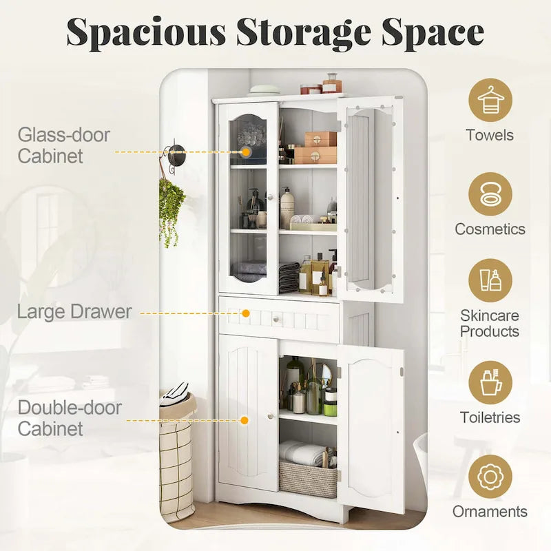 Costway 63  Tall Bathroom Cabinet with Tempered Glass Doors Adjustable - See Details