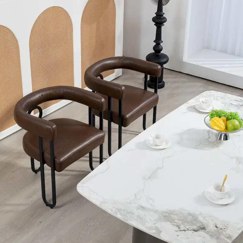 Contemporary PU Dining Chair set of 2, Barrel Chair with Matte Black Metal Legs and Round Thickened Cushion