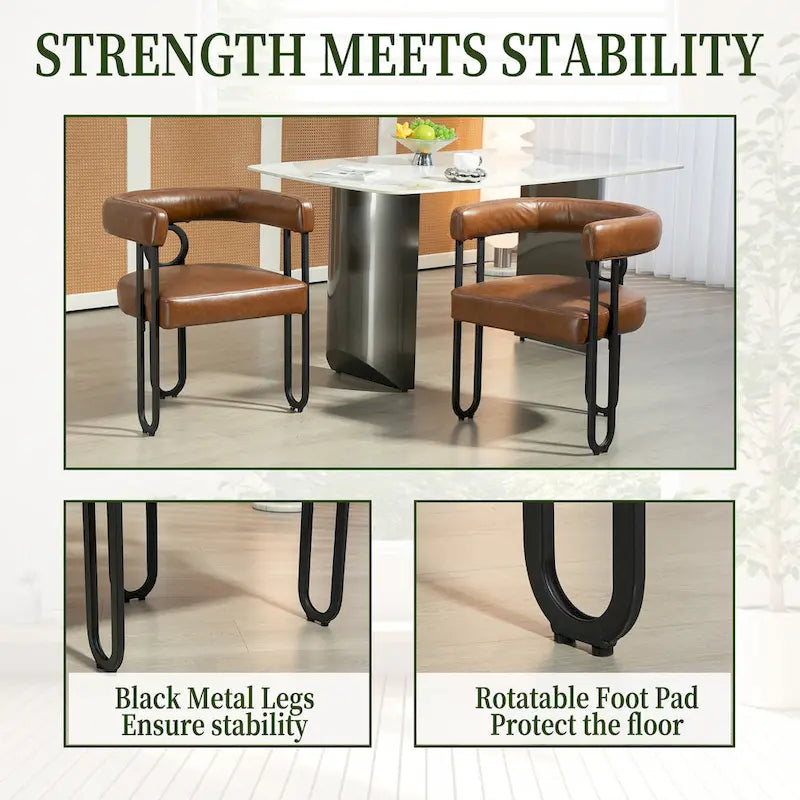 Contemporary PU Dining Chair set of 2, Barrel Chair with Matte Black Metal Legs and Round Thickened Cushion