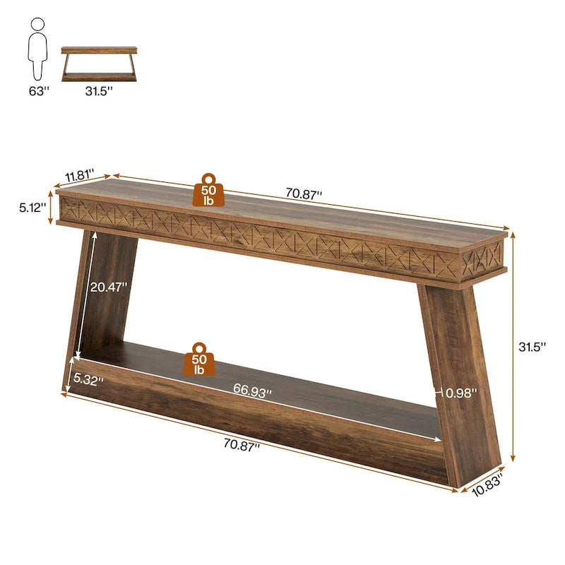 70.87-Inch Extra Long Entryway Table, 2-Tier Narrow Console Table with Storage - 70.87 D x 11.81 W x 31.5 H