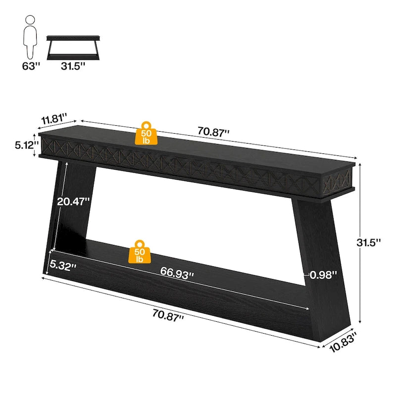 70.87-Inch Extra Long Entryway Table, 2-Tier Narrow Console Table with Storage - 70.87 D x 11.81 W x 31.5 H