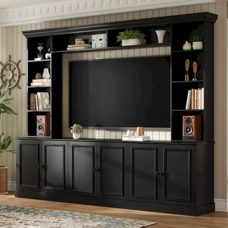 97.4W Mid-Century TV Stand with Bookshelves, Adjustable Shelf & Bridge - Entertainment Center for TVs Up to 70